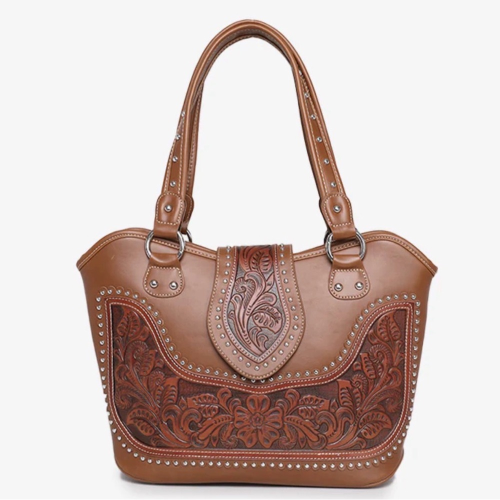 Montana West Tooling Studded Handbag (Brown) - Picture 2 of 5